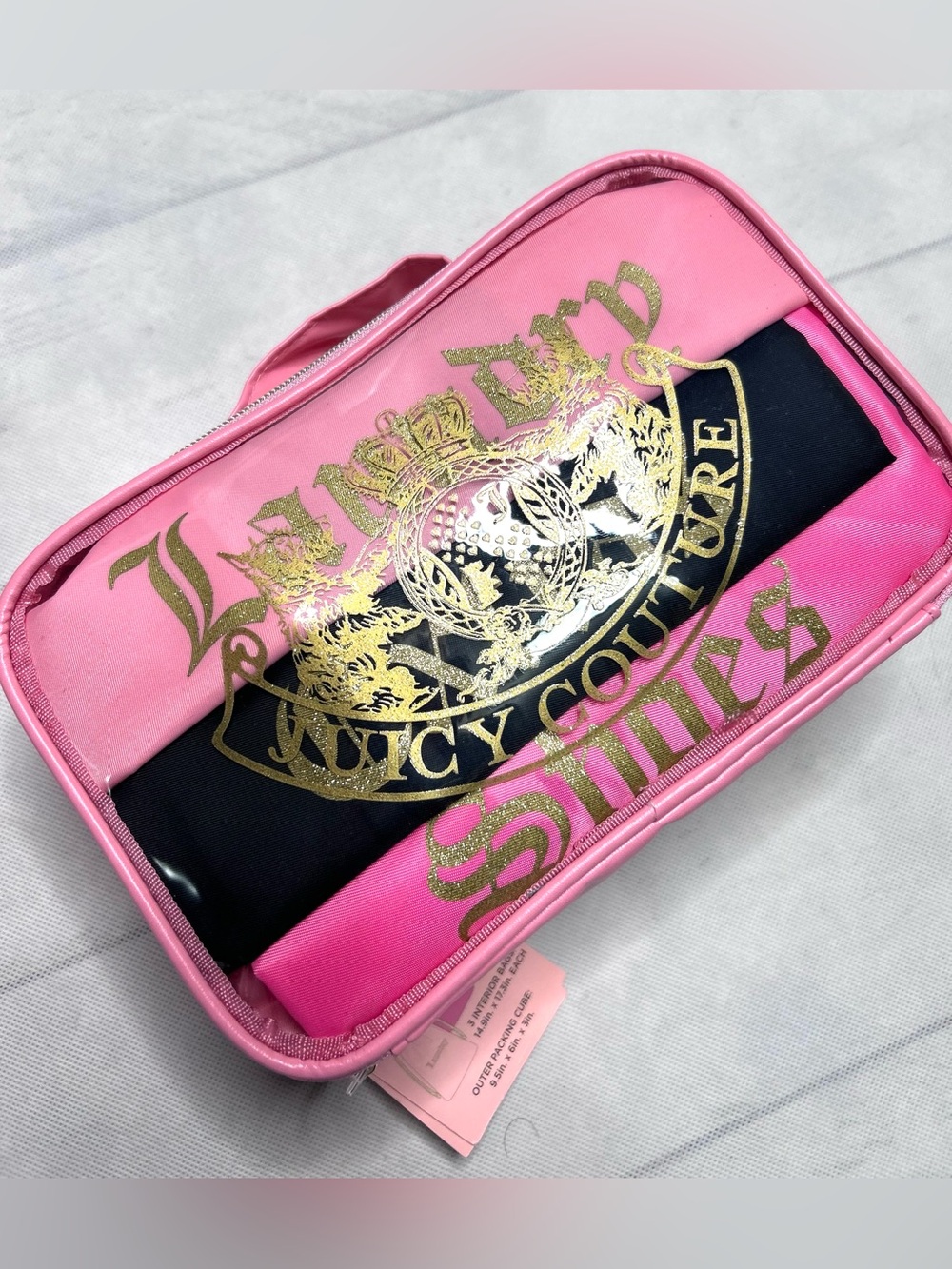 Juicy Couture Pink and Black Cosmetic Travel Pouch with Gold Crest